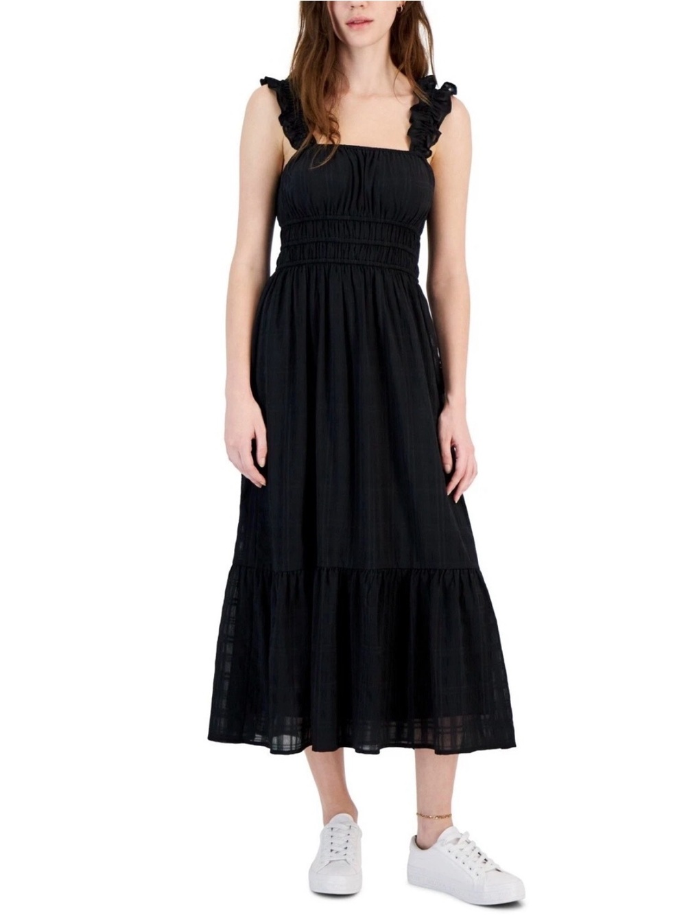 Kingston Black Smocked Ruffle-Shoulder Midi Dress